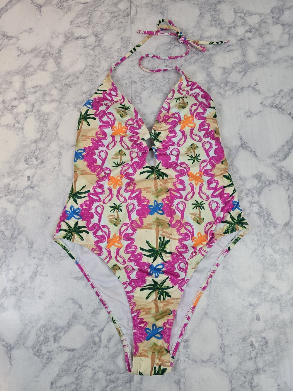 Forever 21 Pink Tropical One-Piece Swimsuit High Leg Halter Tie Medium